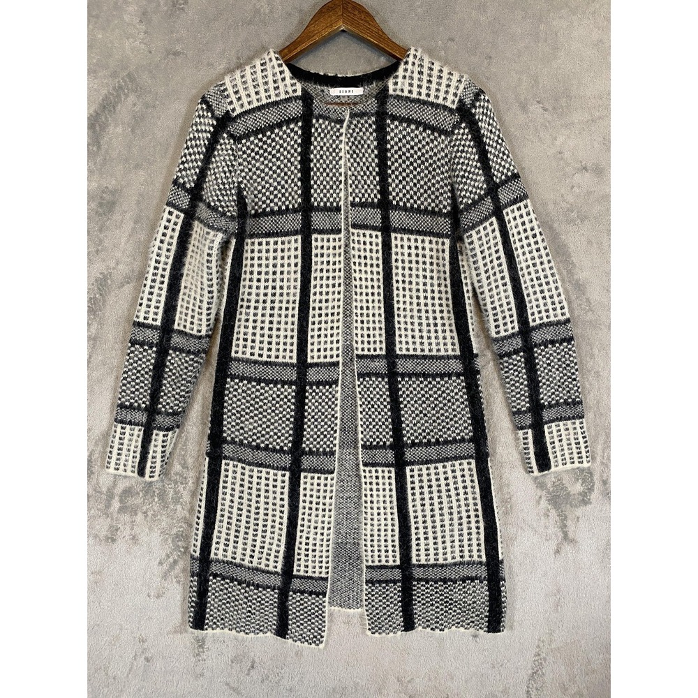 Sioni Cardigan Sweater Sz M Black White Plaid Longline Soft Cozy Classic Preppy